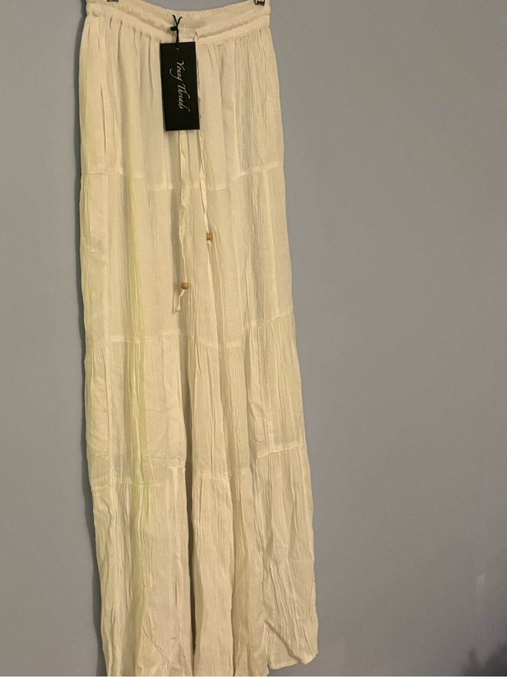 Ivory Wide-Leg Tiered Pants with Drawstring Waist